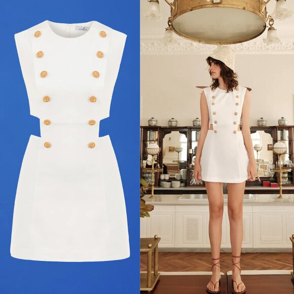 MY BEACHY SIDE MARIN WHITE MINI DRESS NAUTICAL GOLD BUTTONS NWT $378 MEDIUM M - Picture 1 of 16